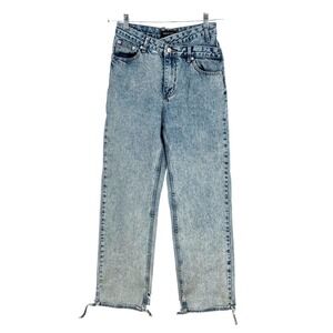 White Fox Small Blue Acid Wash Crossover Waist Straight Leg Jeans 
STAINED